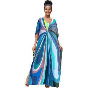 Colorful Geometry Kaftans Dress for Women Batwing Sleeve Caftan V-Neck Windmills Print Cover Up Loose Side Split Beach Dresses Plus Size Bikini Resort Swimwear Loungewear Mumu Dresses (AC-1126-7)