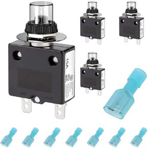 15Amp Electric Button Breaker 125/250V AC 50V DC Push Button Circuit Breaker Thermal Overload Protector with Manual Reset, for Power Strips - 4PCS