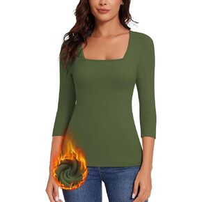 WOWENY Thermal 3/4 Length Sleeve Women's Tops Square Neck Fleece Lined Base Layer Warm Undershirts Cold Weather