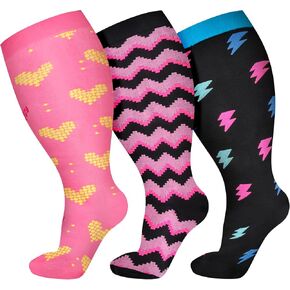 3 Pairs Plus Size Compression Socks for Women Wide Calf Extra Large Knee High Support for Travel,Yoga, Running