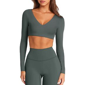 LASLULU Sexy V Neck Long Sleeve Crop Tops for Women Workout Tops Athletic Gym Shirts Running Cropped Tops with Built in Bra