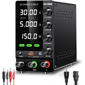 NICE-POWER DC Power Supply Variable 30V 10A, Adjustable Regulated DC Bench Power Supply with Encoder, Output Switch and OCP/OVP, Benchtop Lab Power Supplies 4-Digit LED Display with USB Quick Charge