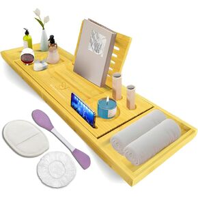 Premium Bathtub Tray with Accessories - Expandable Wooden Bath Tray, Hair Cap, Bath Sponge, Face Mask Brush