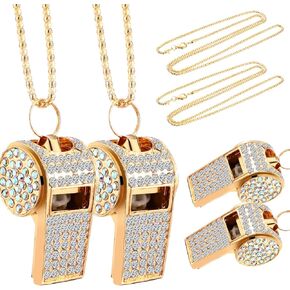 2 Pack Metal Crystal Rhinestone Whistle Bling Whistle, Gold Whistle, Shining Whistle with Chain for Women, Captain, Referee, Basketball, Official