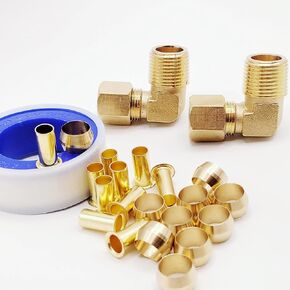Solid Brass 3/8" Tube OD to 3/8" NPT Male Pipe Compression Elbow Adapter with Sleeve Insert and Teflon Thread Tape 90 Degree Compression Tube Fitting Elbow Connector (23-Pack)