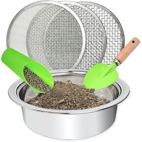Soil Sifter for Gardening, Stainless Steel Sifting Pan Dirt Sifter, 9.5in Soil Sifter with 3 Sieve Mesh Filter Sizes (0.04",0.12",0.2") and Bonsai Garden Shovel