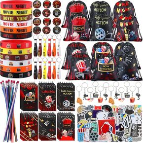 Sweetude 140 Pcs Movie Night Party Favors Drawstring Backpack Silicone Bracelets Keychains Small Spiral Notepads Bendable Pencils Button Pins Stickers for Kids Movie Night Birthday Party Gift Supplies