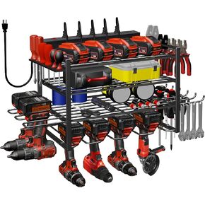 Power Tool Organizer Wall Mount with Charging Station Garage Tools and Battery Storage Rack 4 Layer 6 Drill Holder Utility Rack Tool Shelf with Screwdriver/Plier/Hammer Holder Gift for Men