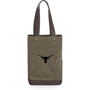 PICNIC TIME NCAA Texas Longhorns 2 Bottle Insulated Wine Bag, Distressed Waxed Canvas Wine Tote Bag, Wine Gift Bag, (Khaki Green with Brown Accents)