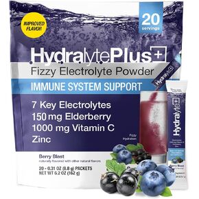 Hydralyte Electrolytes Plus Immunity، Elderberry - مسحوق ترطيب سريع منخفض السكر - عبوات مسحوق إلكتروليت متلألئة قليلاً مع 1000 مجم من فيتامين C و300 مجم من Elderberry (خدمة 8 أونصة، 20 قطعة)