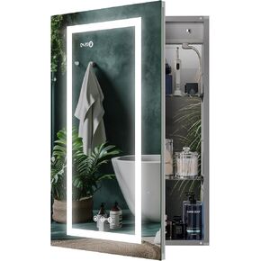 LED Lighted Medicine Cabinet Front & Backlit Dimmable Colours, Clock & Temp, USB Outlets (24 x 32inc)
