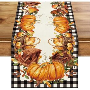 Fall Table Runner, Buffalo Plaid Autumn Thanksgiving Plaid Pumpkins Mushrooms Birdhouse Leaves Table Runners for Kitchen Dining Coffee or Indoor and Outdoor Home Parties Decor 13 x 72 Inches