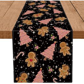 Gingerbread Christmas Decorations Pink Table Runner Pink Tree Glitter Xmas Winter Candy Cane Holiday Kitchen Dining Merry Christmas Table Decor 13x72 inch