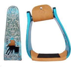CHALLENGER Horse Western Turquoise Aluminium Engraved Barrel Racer Angled Stirrups 51151TR