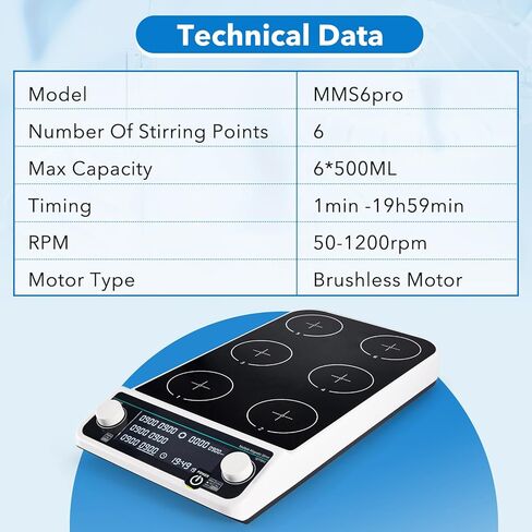 محرك مغناطيسي للمختبر، 6 ألواح تحريك مغناطيسية رقمية متعددة الأماكن، موضع 6 × 500 مل، 50-1500 دورة في الدقيقة، تزامن وتوقيت تحكم غير متزامن للمختبر in Kuwait