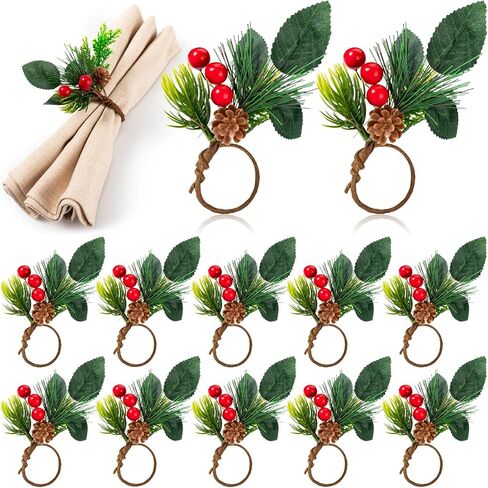 Noverlife 12 Set Christmas Napkin Rings for Dining Table, Xmas Napkin Holders with Berry for Table Decor Artificial Pine Needle Holiday Napkin Buckle Serviette Holders for Winter New Year Dinner Party in Saudi Arabia