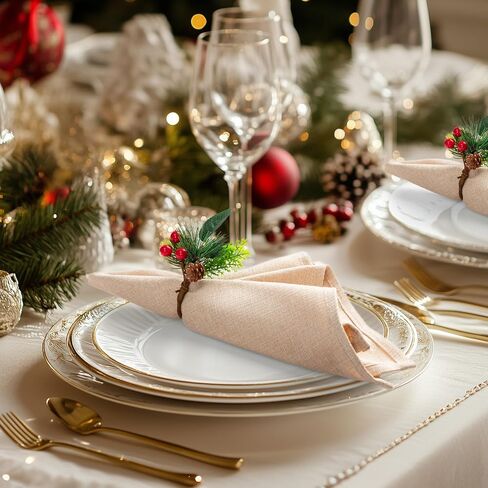 Noverlife 12 Set Christmas Napkin Rings for Dining Table, Xmas Napkin Holders with Berry for Table Decor Artificial Pine Needle Holiday Napkin Buckle Serviette Holders for Winter New Year Dinner Party in Saudi Arabia