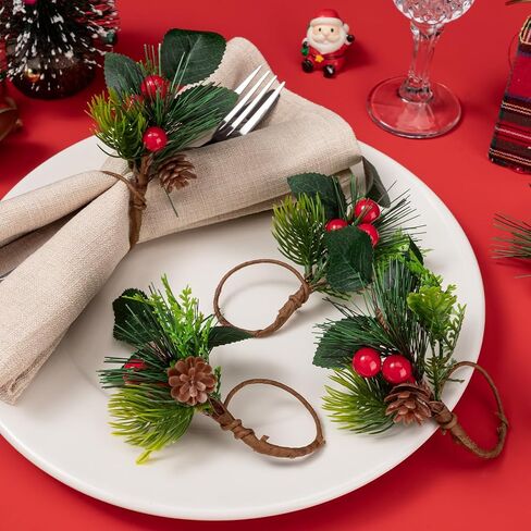 Noverlife 12 Set Christmas Napkin Rings for Dining Table, Xmas Napkin Holders with Berry for Table Decor Artificial Pine Needle Holiday Napkin Buckle Serviette Holders for Winter New Year Dinner Party in Saudi Arabia