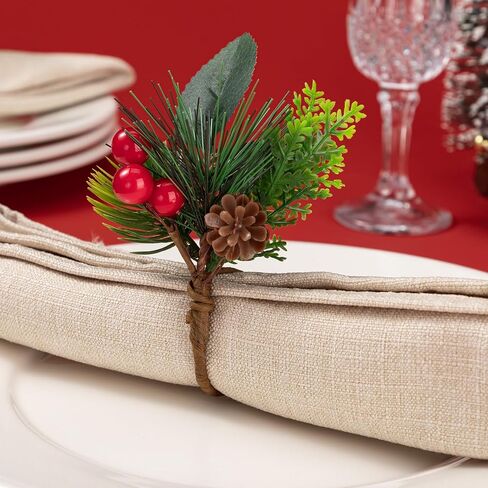 Noverlife 12 Set Christmas Napkin Rings for Dining Table, Xmas Napkin Holders with Berry for Table Decor Artificial Pine Needle Holiday Napkin Buckle Serviette Holders for Winter New Year Dinner Party in Saudi Arabia