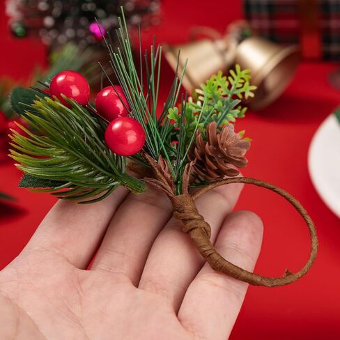 Noverlife 12 Set Christmas Napkin Rings for Dining Table, Xmas Napkin Holders with Berry for Table Decor Artificial Pine Needle Holiday Napkin Buckle Serviette Holders for Winter New Year Dinner Party in Saudi Arabia