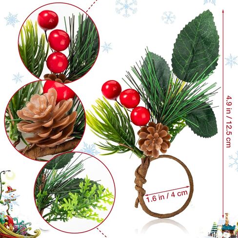 Noverlife 12 Set Christmas Napkin Rings for Dining Table, Xmas Napkin Holders with Berry for Table Decor Artificial Pine Needle Holiday Napkin Buckle Serviette Holders for Winter New Year Dinner Party in Saudi Arabia