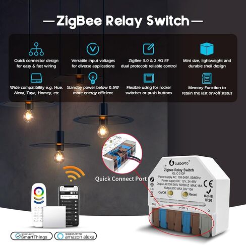 GLEDOPTO ZigBee 3.0 Wireless ON Off Relay Switch AC 100-240V DC 12-24V Power APP التحكم الصوتي في مفتاح الدفع يعمل مع Alexa Tuya Home Assistant (يتطلب المحور) in Kuwait