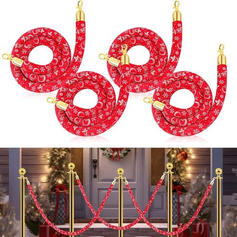 Christmas Red Velvet Stanchion Rope 5 Ft Crowd Control Barriers with Gold Hooks Xmas Red Carpet Ropes for Christmas Events Banquets Parties Movie Theater Opening (4 Pack,Christmas Tree) in Saudi Arabia