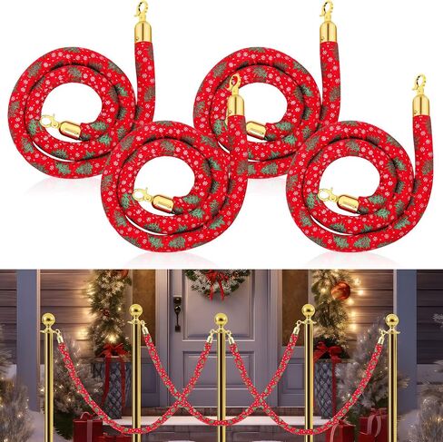 Christmas Red Velvet Stanchion Rope 5 Ft Crowd Control Barriers with Gold Hooks Xmas Red Carpet Ropes for Christmas Events Banquets Parties Movie Theater Opening (4 Pack,Christmas Tree) in Saudi Arabia
