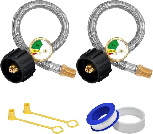 ABYDA 20 Inch RV Propane Hoses with Gauge 2 Pack, Stainless Steel Braided Camper Tank Hose, RV Propane Hose for Standard Two-Stage Regulator, 40Lb 250PSI, 1/4" Male NPT/QCC1 Type1 Inlet in Saudi Arabia
