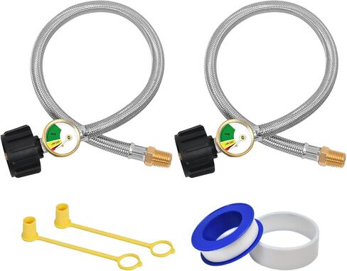 ABYDA 20 Inch RV Propane Hoses with Gauge 2 Pack, Stainless Steel Braided Camper Tank Hose, RV Propane Hose for Standard Two-Stage Regulator, 40Lb 250PSI, 1/4" Male NPT/QCC1 Type1 Inlet in Saudi Arabia