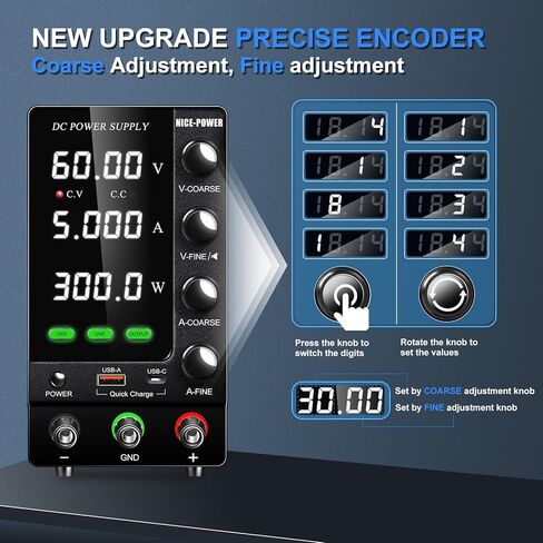 NICE-POWER DC Power Supply Variable 30V 10A, Adjustable Regulated DC Bench Power Supply with Encoder, Output Switch and OCP/OVP, Benchtop Lab Power Supplies 4-Digit LED Display with USB Quick Charge in Kuwait