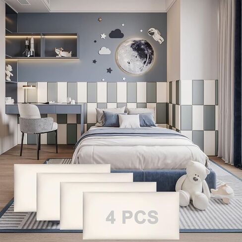 Peel and Stick Headboard White Upholstered Wall Panels Pack of 4 Panels 3D Anti-Collision Wall Padding Wall Mounted headboard Soundproof Wall Panels in Saudi Arabia