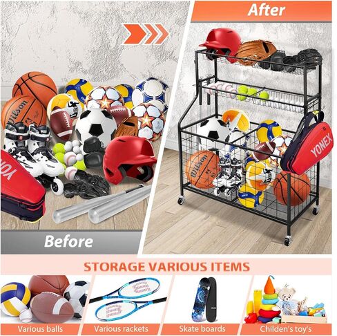 منظم تخزين المعدات الرياضية، نظام تخزين المرآب مع السلال والخطافات، عربة الكرة الرياضية المتدحرجة، منظم كرة المرآب للمعدات الرياضية/الألعاب، تخزين الكرة الرياضية للاستخدام الداخلي والخارجي in Kuwait