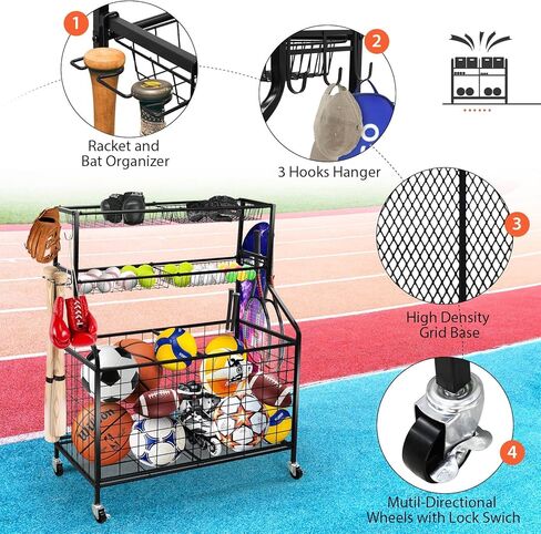 منظم تخزين المعدات الرياضية، نظام تخزين المرآب مع السلال والخطافات، عربة الكرة الرياضية المتدحرجة، منظم كرة المرآب للمعدات الرياضية/الألعاب، تخزين الكرة الرياضية للاستخدام الداخلي والخارجي in Kuwait