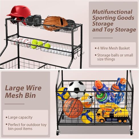 منظم تخزين المعدات الرياضية، نظام تخزين المرآب مع السلال والخطافات، عربة الكرة الرياضية المتدحرجة، منظم كرة المرآب للمعدات الرياضية/الألعاب، تخزين الكرة الرياضية للاستخدام الداخلي والخارجي in Kuwait