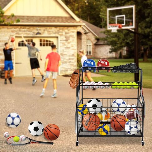 منظم تخزين المعدات الرياضية، نظام تخزين المرآب مع السلال والخطافات، عربة الكرة الرياضية المتدحرجة، منظم كرة المرآب للمعدات الرياضية/الألعاب، تخزين الكرة الرياضية للاستخدام الداخلي والخارجي in Kuwait