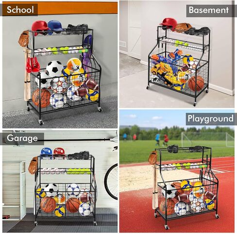 منظم تخزين المعدات الرياضية، نظام تخزين المرآب مع السلال والخطافات، عربة الكرة الرياضية المتدحرجة، منظم كرة المرآب للمعدات الرياضية/الألعاب، تخزين الكرة الرياضية للاستخدام الداخلي والخارجي in Kuwait