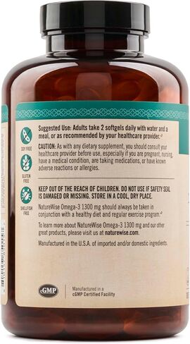 NatureWise أوميغا 3 عالي الفعالية 1300 مجم من زيت السمك البري مع EPA وDHA مثل TG - يعزز صحة الدماغ والقلب - بدون تجشؤ - خالي من الغلوتين ومنتجات الألبان وفول الصويا، غير معدل وراثيًا - 180 كبسولة هلامية [كمية تكفي لمدة 3 أشهر] in Saudi Arabia