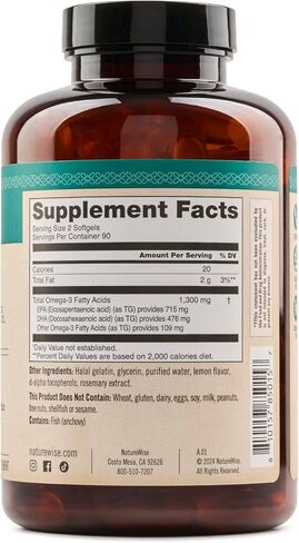 NatureWise أوميغا 3 عالي الفعالية 1300 مجم من زيت السمك البري مع EPA وDHA مثل TG - يعزز صحة الدماغ والقلب - بدون تجشؤ - خالي من الغلوتين ومنتجات الألبان وفول الصويا، غير معدل وراثيًا - 180 كبسولة هلامية [كمية تكفي لمدة 3 أشهر] in Saudi Arabia