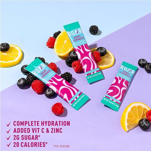 Roar Complete Hydration Powder Plus - Hydration Packets with Zinc and Elderberry - Electrolytes Powder No GMOs, Gluten Free - Berry Lemonade - 12 pc in Kuwait