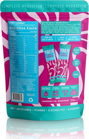 Roar Complete Hydration Powder Plus - Hydration Packets with Zinc and Elderberry - Electrolytes Powder No GMOs, Gluten Free - Berry Lemonade - 12 pc in Kuwait