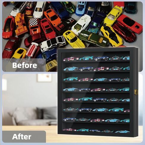 Large Display Case for 1/64 Scale Model Cars, Wall-Mounted or Freestanding Wood Display Cabinet for Hot Wheels, Mini Toys, Minifigures, UV Protection Shadow Box, Display Case, Black in Saudi Arabia