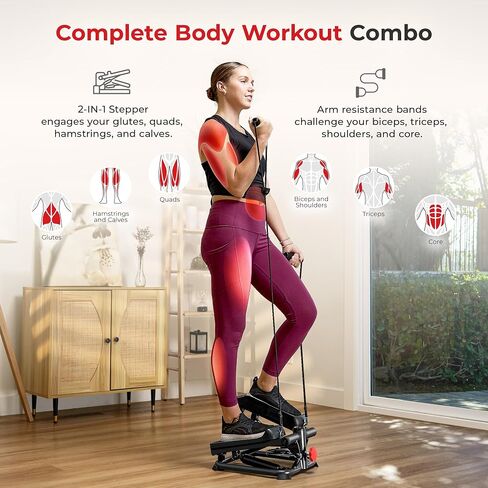 Sunny Health & Fitness Total Body 2-in-1 Stepper Machine, Total Body Workout, Adjustable Hydraulic, Resistance Bands, Non-Slip Pedals w Optional Free SunnyFit App Enhanced Bluetooth Connectivity in Saudi Arabia