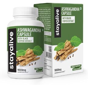 STAY ALIVE Ashwagandha Extract Capsules, Equivalent to 9010MG, Blend with Black Pepper, 120 Vegan Pills, Supplement for Men & Women, Energy & Wellness Support