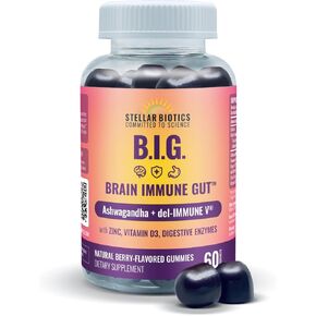 Del-Immune V + Ashwagandha - Brain Immune Gut™ (B.I.G.) Gummy - All Natural Immune & Gut Support with Zinc, Vitamin D3 + Digestive Enzymes (60 Gummies)