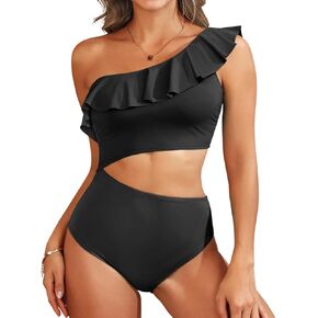 Women One Piece Cutout Swimsuits - One Shoulder Ruffle Cut Out Bathing Suit Swimwear Monokini 2025