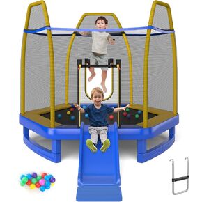 Goplus 7 FT Kids Trampoline with Slide, 87’’ ASTM Approved Recreational Trampoline with Galvanized Steel Frame & Safety Enclosure Net, Ladder, Indoor Outdoor Toddler Trampoline in Kuwait
