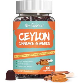 Ceylon Cinnamon Gummies 2000MG, Sugar Free Cinnamon Gummies, Cinnamon Supplement with Chromium and Cinnamon Bark, Vegan, Non-GMO, Gluten Free, 60 Gummies