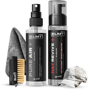 Blackline ELMT Hat Cleaning Kit — Quick-drying, US-Made, Cleans 50+ Hats — Hat Cleaner for Baseball Caps of all Materials Cotton, Wool, Leather, Felt and more (8oz Solution, Deodorizer, Towel & Brush)