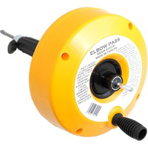 Drain Snake by Elbow Pass with 25ft cable, drain clog remover, plumbing snake Kink Resistant inner core strength at 600lb test. Hexagon non-slip drill bit attachment or Manual knob